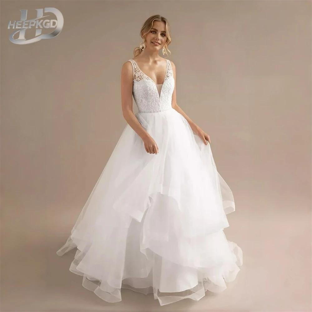 Maßgeschneidertes langes Hochzeitskleid 2026, gestuftes Tüllkleid, A-Linie, Spitzenkleid, rückenfrei, V-Ausschnitt, Brautkleid für die Hochzeit, Robe De Mariee