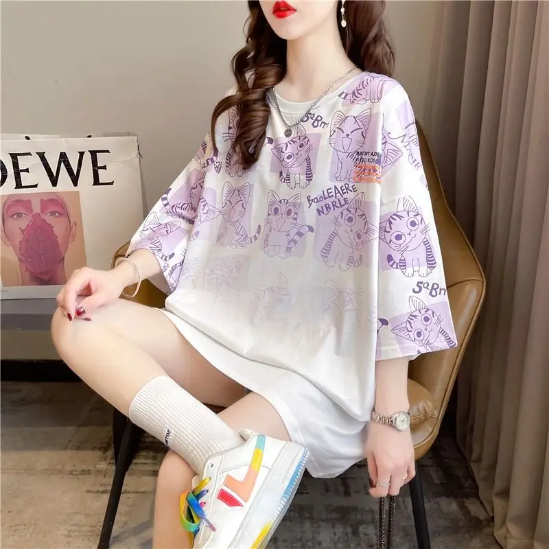 Women Summer Korean Fashion Loose Printing O-neck Short Sleeve T-Shirt Women Clothes Casual All-match Appear Thin Cartoon Tops