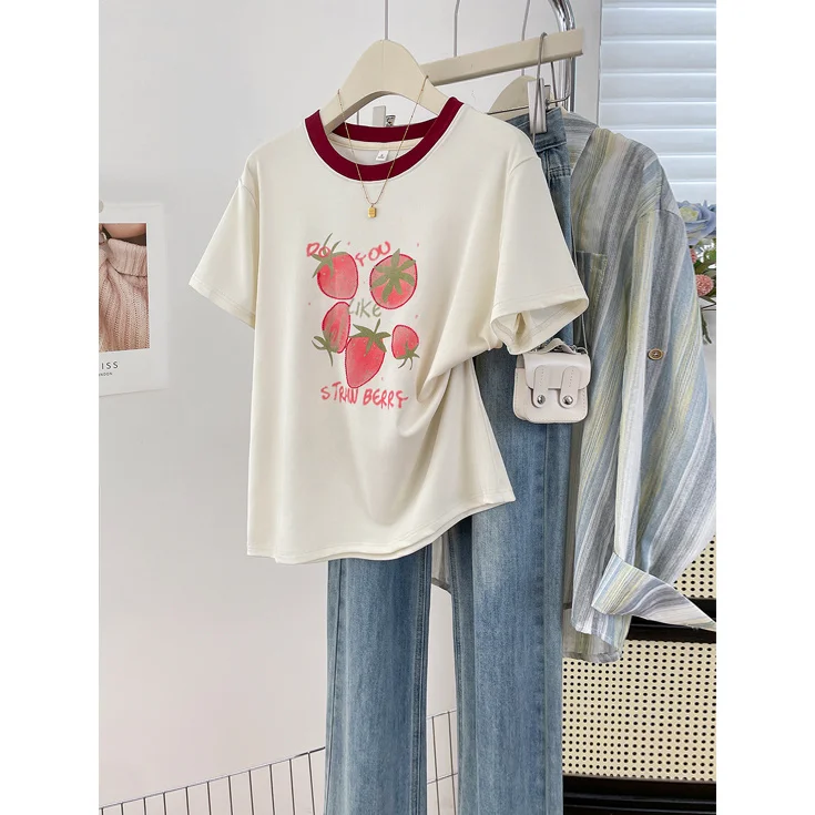 

Summer New Style round Neck T-Shirt Women's Cute Strawberry Print Slim Short Sleeve Casual Base Shirt Breathable Comfortable