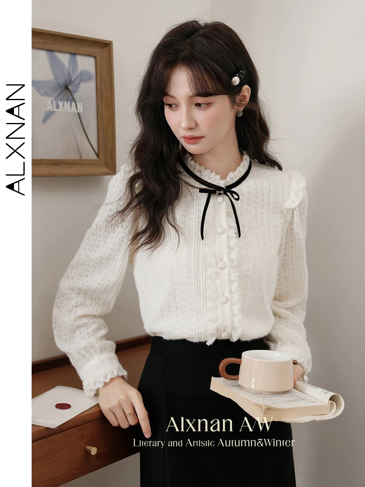 

ALXNAN Women's French Lace-up Shirts Gentle Flounce O-neck Flying Sleeve Agaric Cuff 2024 Autumn Winter Female Casual Top L51617