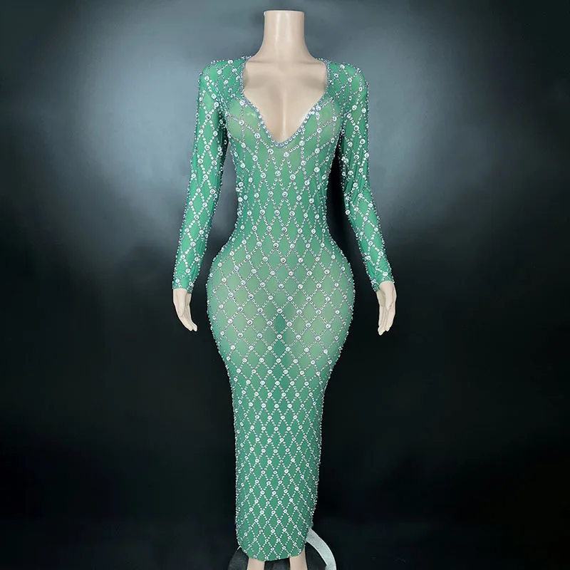 New Fashion Rhinestones Women's Tight Evening Gown Long Sleeve Long Dress