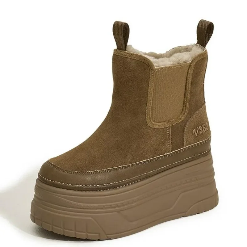 

9CM Suede Cow Genuine Leather Platform Wedge Winter Plush Women Boots Hidden Heels Warm Ankle Booties 2025 Spring Autumn Shoes