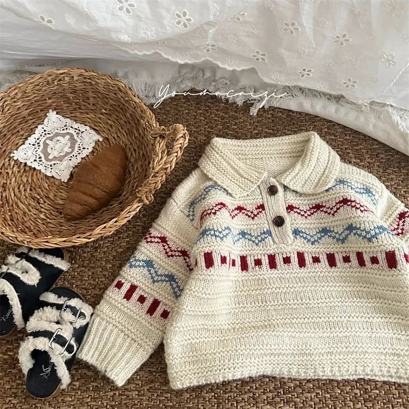 

4788 Children Sweater 2024 Winter New Korean Girls Jacquard Lapel Long Sleeve Sweater Retro Knitted Sweater Pullover.