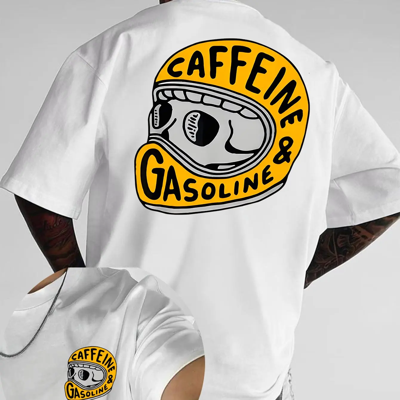 Men's Summer Graphic T-Shirt - Bold CAFFEINE & GASOLINE Print Breathable Short Sleeve Regular Fit Casual Streetwear White Tee