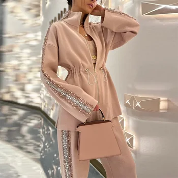 Vintage Sequin Solid Color Long Sleeved Drawstring Top & Wide Leg Pants suit 2025 New Elegant Shiny Lady Chic Office Autumn set
