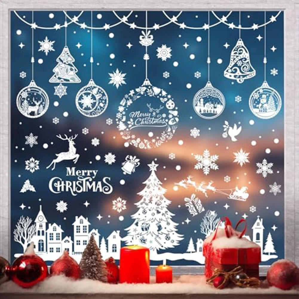 4pcs Christmas Window Clings Cute Santa Snowman Reindeer Merry Christmas Glass Stickers Blue Winter- Wonderland Window Decals