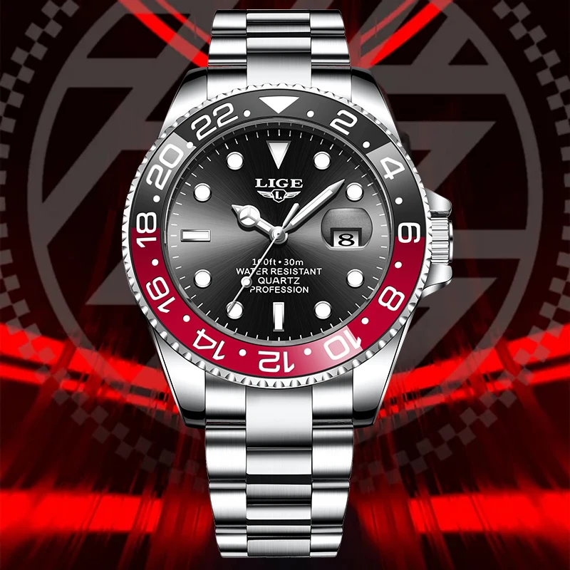 LIGE Fashion Outdoor Man Watch Original Simple Casual Sport Clock Stainless Band Waterproof Luminous Quartz Wristwatch Male Gift