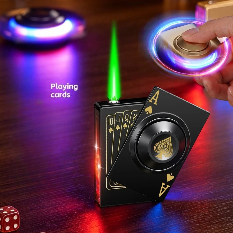 Neuartiges Pokerkarten-Feuerzeug mit LED-Fidget-Spinner, winddichtes grünes Flammen-Butanfeuerzeug, cooles Geschenk für Männer