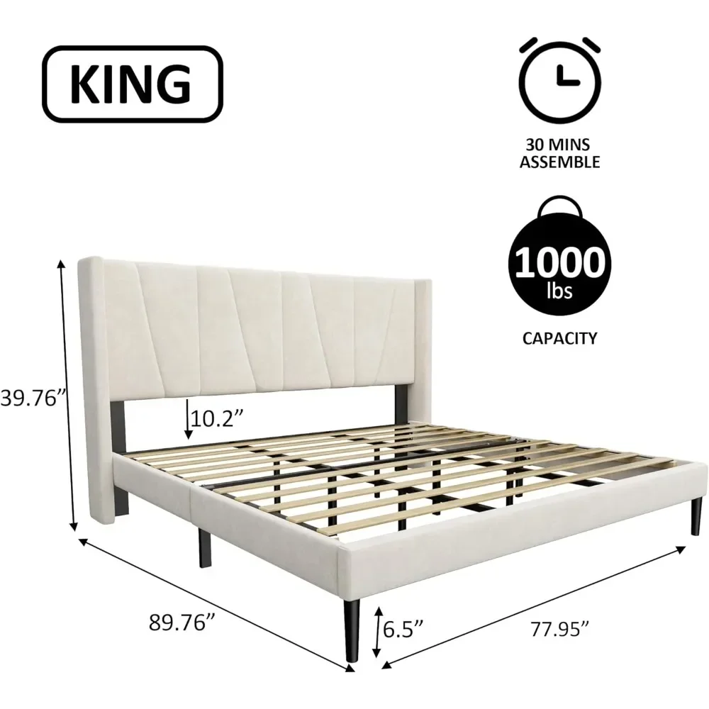 Modern Mattress Base Beige King-size bed frame with velvet geometric headboard and wing back