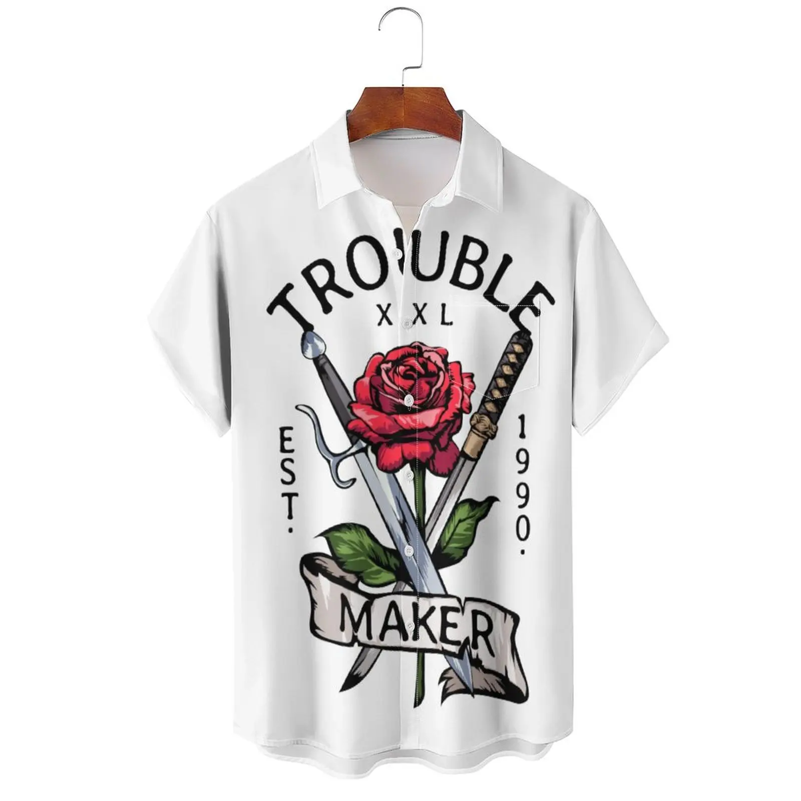 New Summer Fashion Double knife rose Printed Men Shirts Beach Breathable Funny Clothing Cotton Tops Mens Short Sleeve