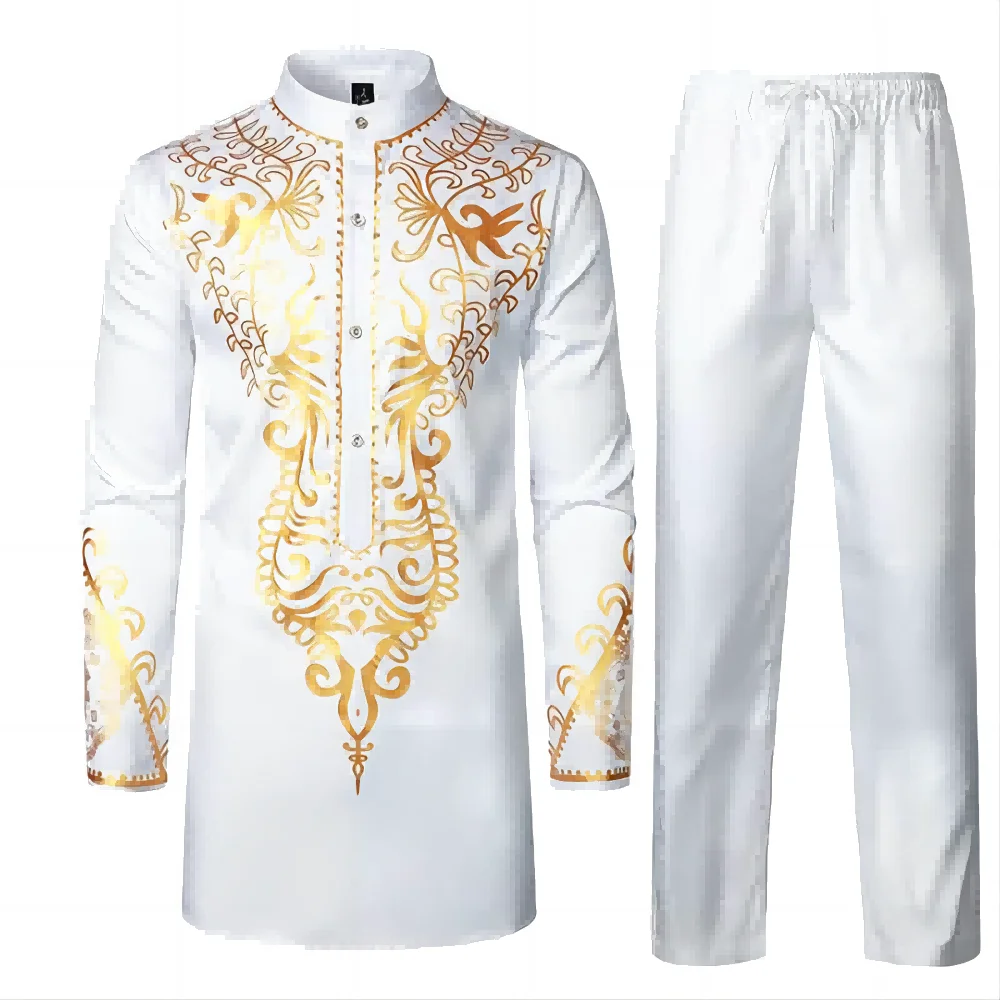 African Long-Sleeved Shirt For Men - Metal Gold Printed Chinese Collar Shirt Traditional National Festival Wedding Two-Piece Set