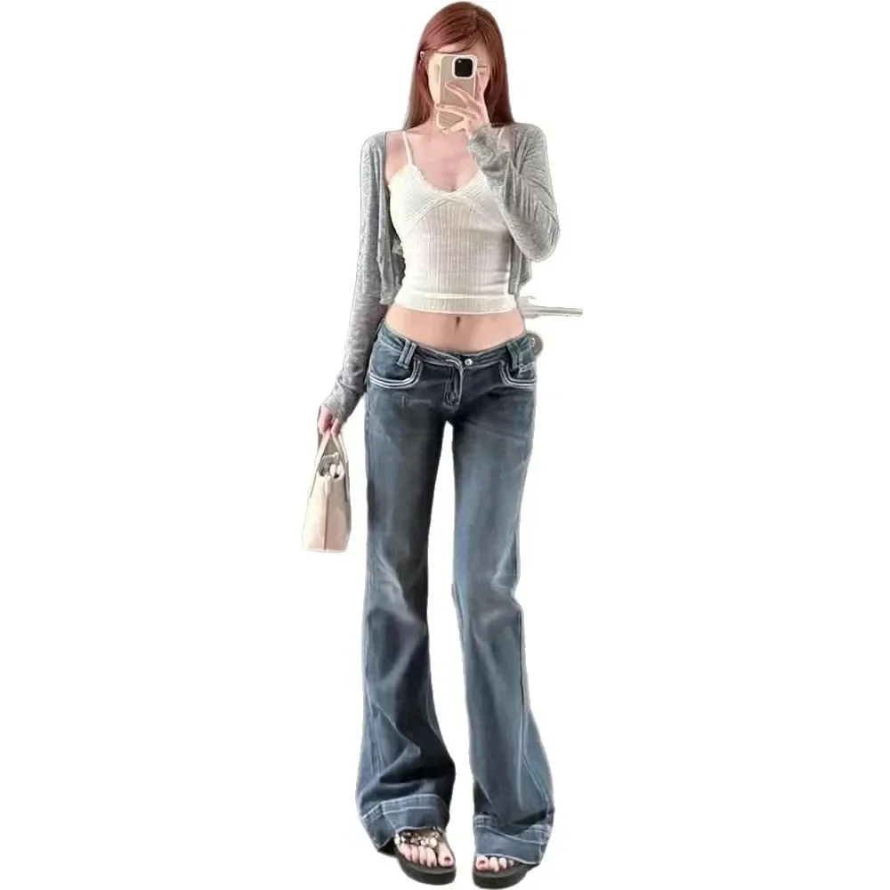 الرجعية الأزرق جرس أسفل الجينز المرأة حار منخفضة الخصر الكاحل طول السراويل التخسيس تأثير الخريف موضة الاتجاه #5