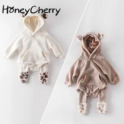 HoneyCherry Winter Baby Girl Bodysuits Baby Plush Ears Baby Newborn Clothes Hooded Bodysuit Climbing Clothes Plush Thickened