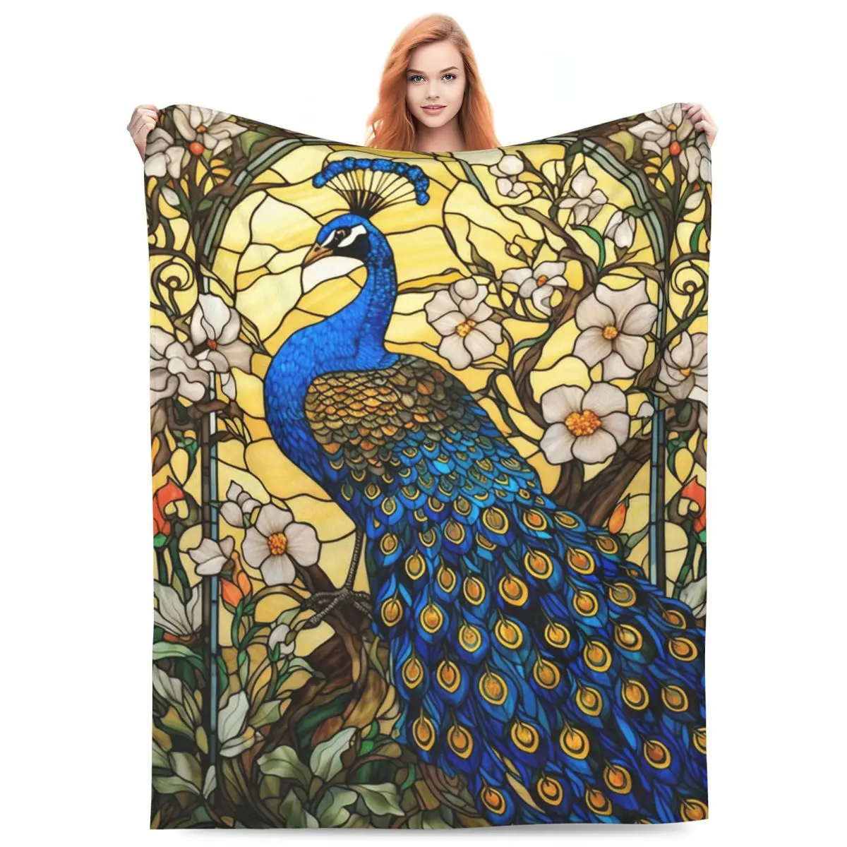 Stained Glass Peacock Blanket Fleece Sofa Throw Blanket Multi-function for Couch Bedding Office Throws Bedspread Quilt