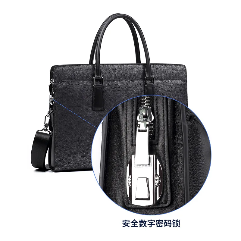 Picture 3: Men's genuine leather combination lock high-end handbag, large capacity 14-inch computer storage single-shoulder bag