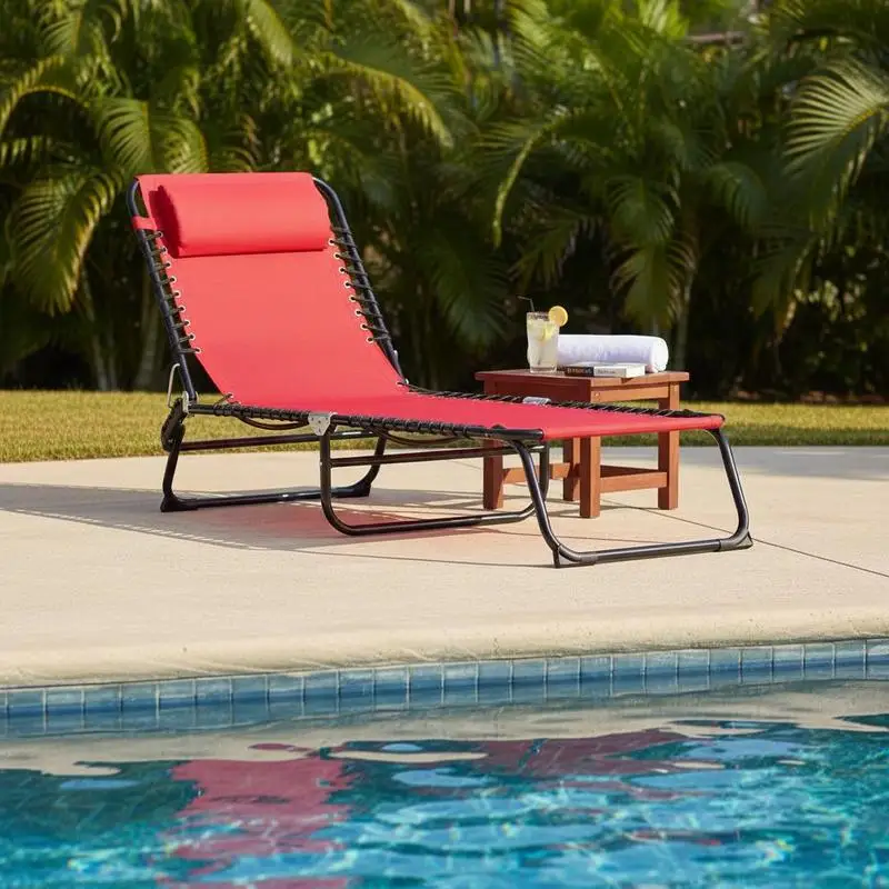 Folding Chaise Lounge Pool Chair with 4-Position Reclining Back, Pillow, Breathable Mesh & Bungee Seat, Wine Red