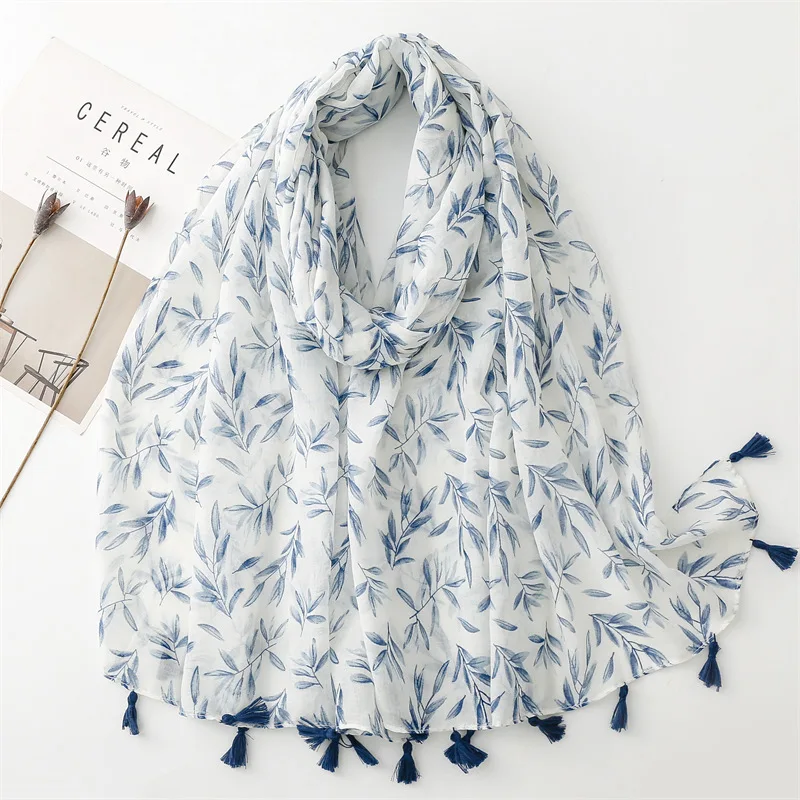 Korean style fashionable blue main tone cotton and linen feel scarf with printed design fresh and sweet tassel shawl for women