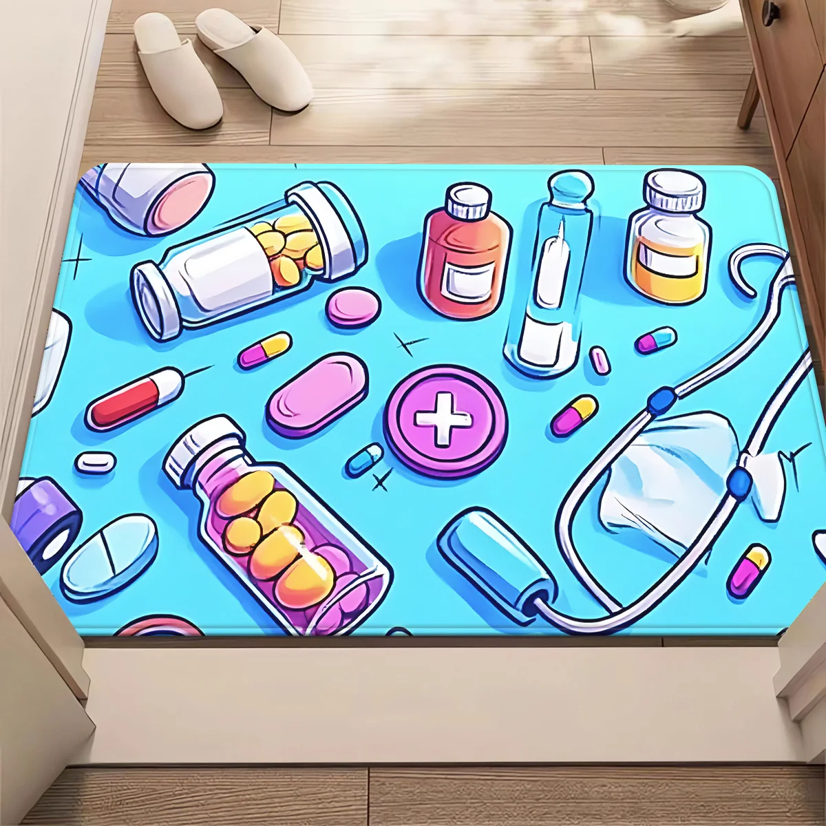 Cartoon Medical Doormat, Cute Pills Pattern Floor Rug, Non-Slip Welcome Mat for Clinic Entryway Home Decor Gift