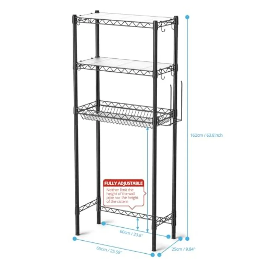 رف تخزين فوق المرحاض مع تصميم قابل للتعديل لتنظيم الحمام والمطبخ يتميز بحامل ورق المرحاض المدمج
