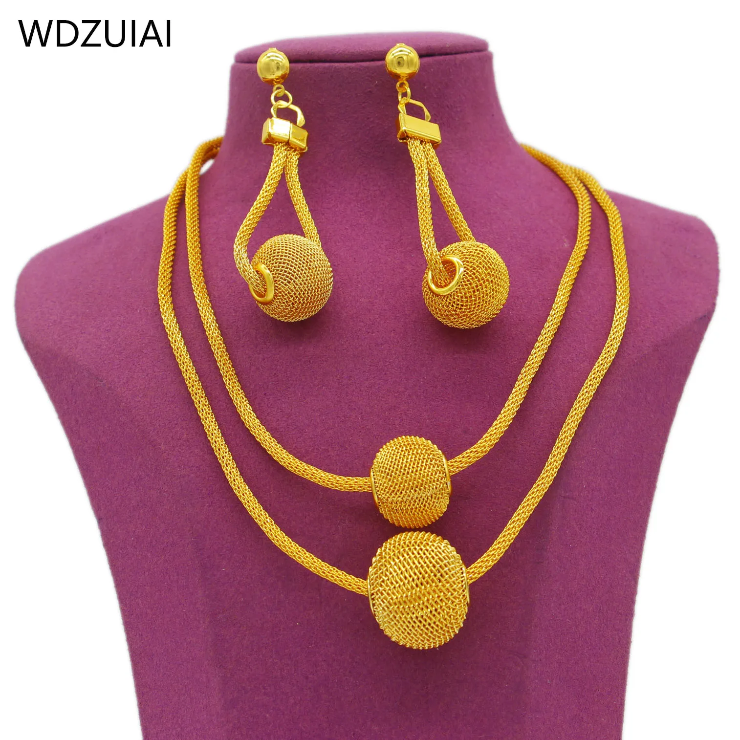 WDZUIAI Ball Trendy Duabi Gold Color Necklace&Earrings Jewelry Set Ethiopian African French Women Girls Party Jewelry Charm Gift