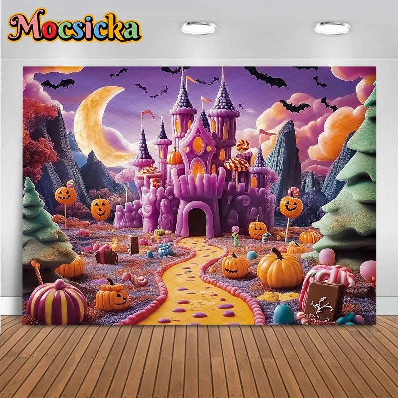 Mocsicka Halloween Purple Castle Background Moon Forest Pumpkin Party Banner Chocolate Lollipop Candy Decorations Photo Backdrop