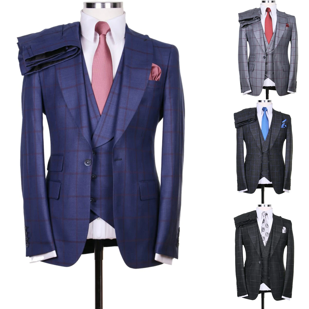 Plaid Men Wedding Suits Peaked Lapel Jacket Slim Fit Groom Wear 3 Pcs (Blazer+Pants+Vest)Business Office Custom Made