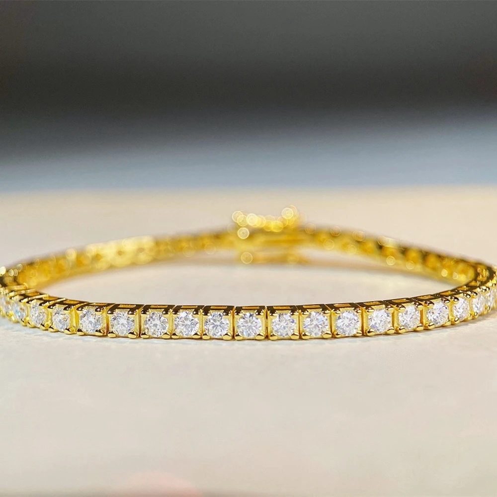 Wong Rain 18K Gold Plated 925 Sterling Silver VVS1 3EX Diamonds Gemstone 2.5MM Real Moissanite Sparkling Fine Bracelets Jewelry