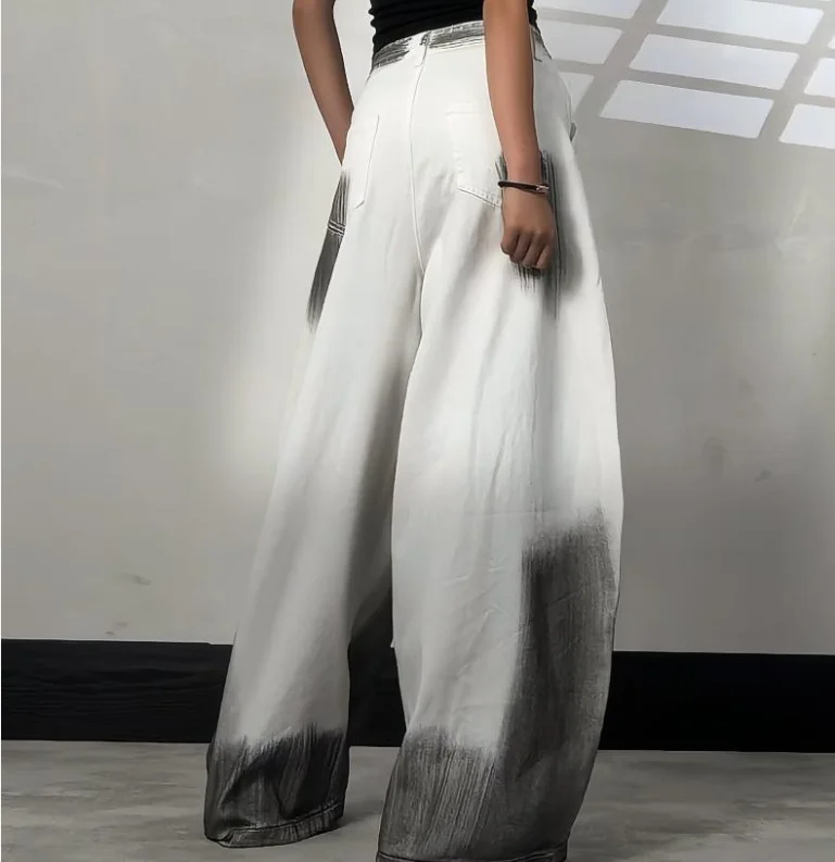 Distressed Three-dimensional Cat-whisker Design White Jeans Unisex Aesthetic Long Pants For Couples Streetwear Hiphop Denim Men