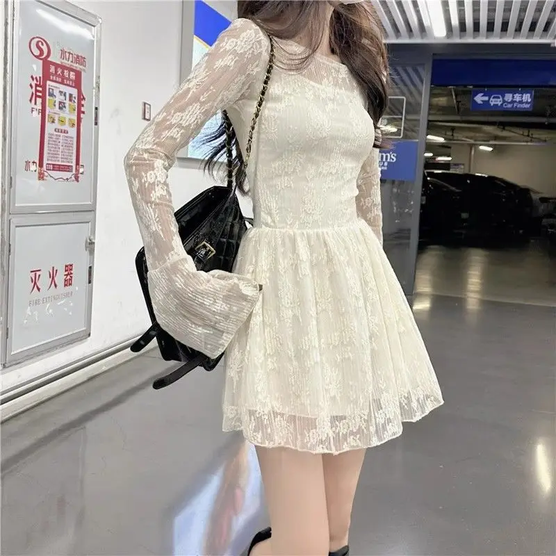 Sweet Mini Dress Women Fall Fashion Long Sleeve Lace Dress Apricot One Shoulder Sheer Party Dress for Small Girl