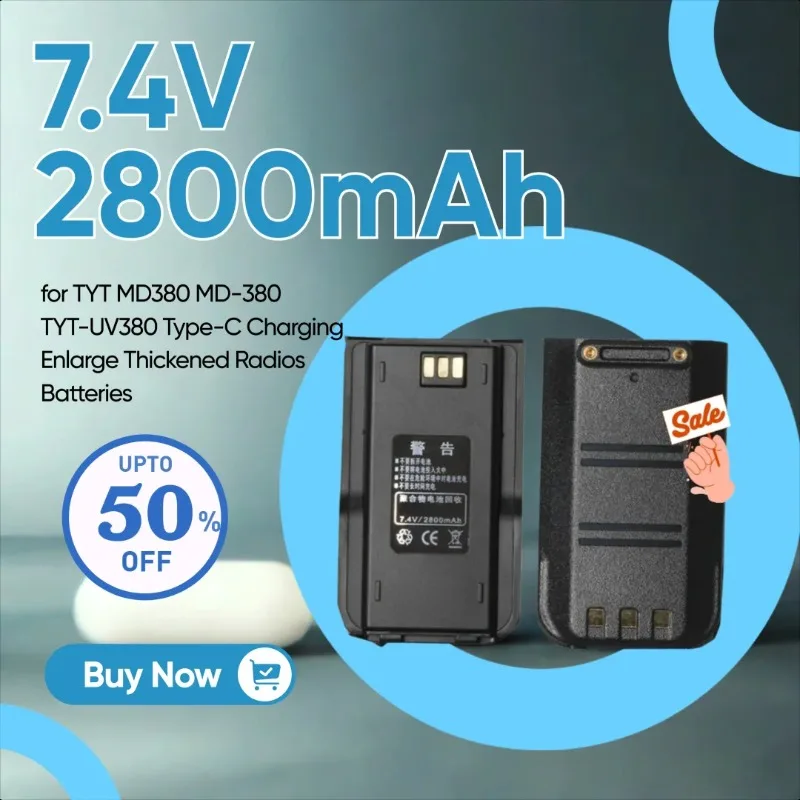 

New 7.4V 2800mAh Walkie Talkie Li-ion Battery for TYT MD380 MD-380 TYT-UV380 Type-C Charging Enlarge Thickened Radios Batteries