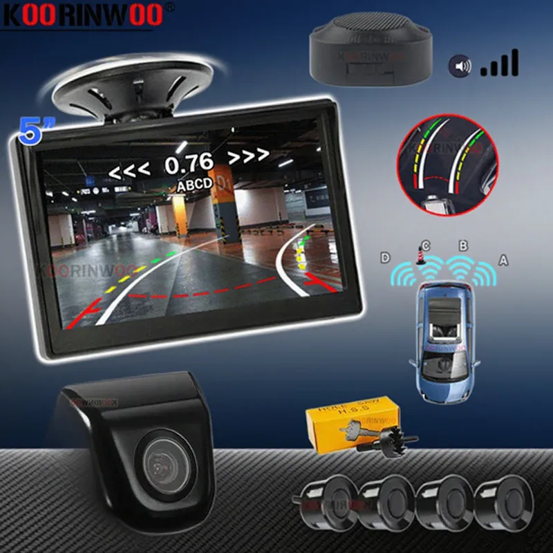 

Беспроводные датчики парковки Koorinwoo 4, обратная парктроник, черная/белая траектория, подвижная парковочная камера с экраном, оконная панель