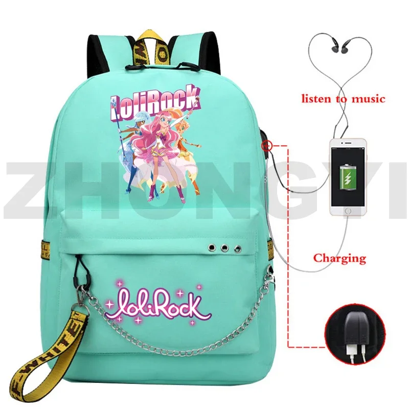 Preppy Cartoon LoliRock USB Charging Backpacks Harajuku LoliRockstar Anti-theft Backpack Women Teenager Girls Japanese Anime Bag