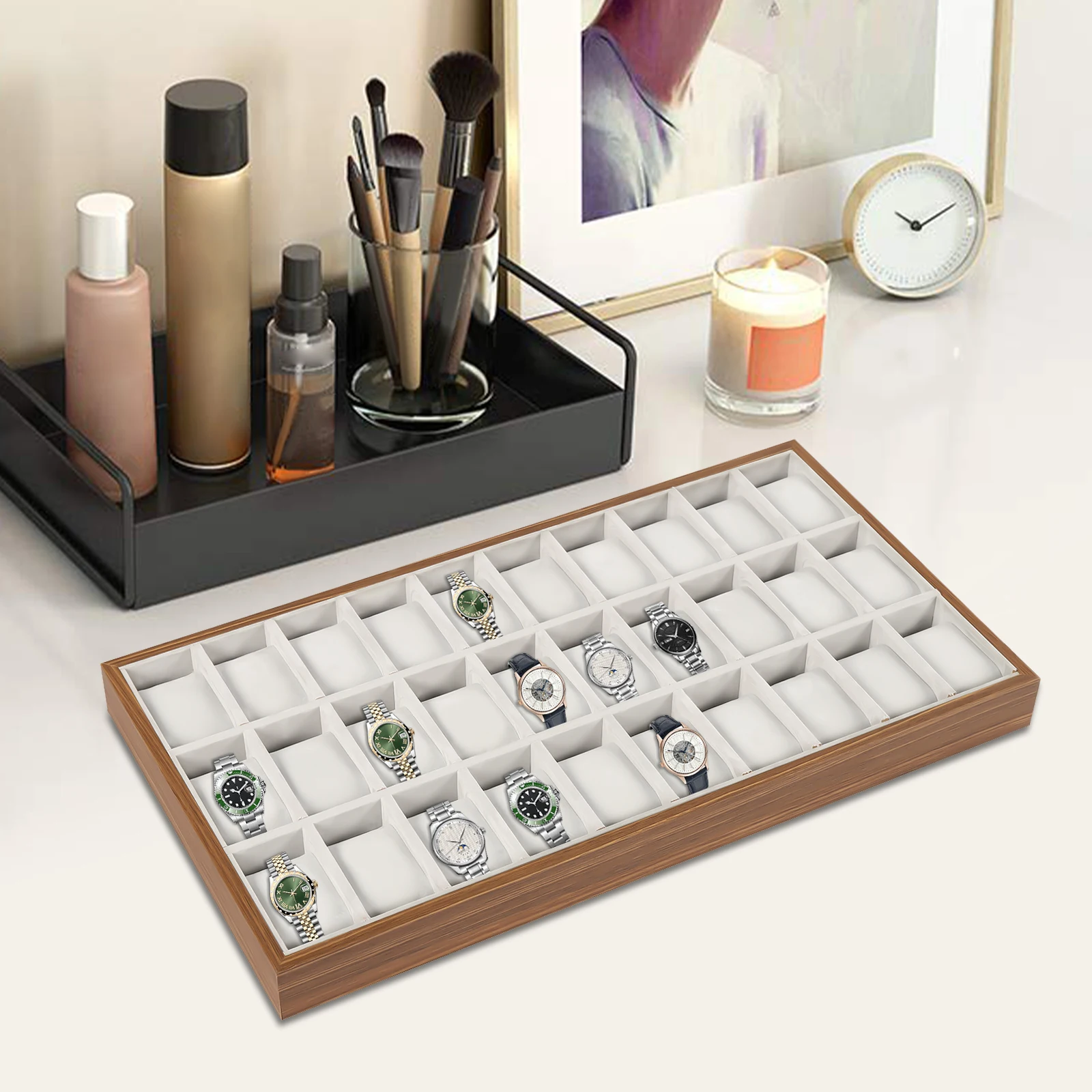 

30-слотовая коробка для часов, витрина-органайзер с замшевой подушечкой, хранилище ювелирных изделий, для часов, браслетов, ожерелий, сережек, колец