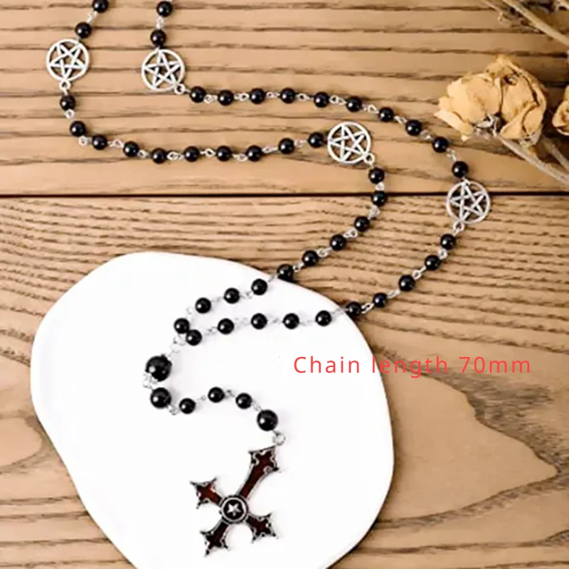 Gothic Beaded Pentagram Inverted Cross Necklace Black Agate Pendant Symbol Original Jewelry Gift Fashion Charm Handmade