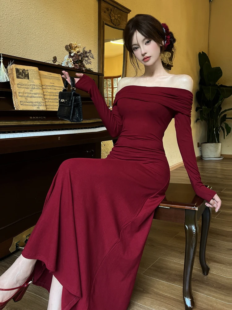 Vintage de um ombro gola dupla camada vermelho bodycon saia feminina irregular ruched fino ajuste a linha alta rua maxi saia outono