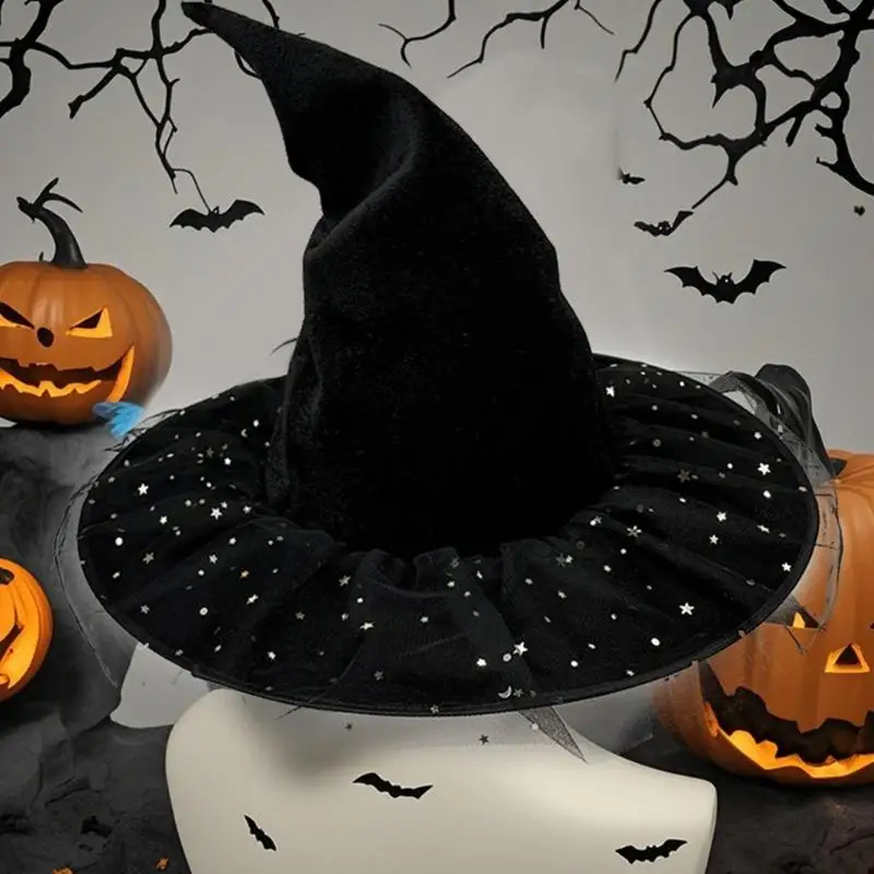 A52E Gold Star Meshes Witch Hat Velvets Lined Hat Adjustable Halloween for Halloween Festivities