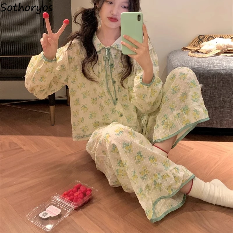 

Пижамные комплекты с отложным воротником для женщин, мешковатые повседневные пижамные комплекты с длинными рукавами и цветочным принтом, весенне-осенняя одежда для дома, эстетичная школьная одежда, милая