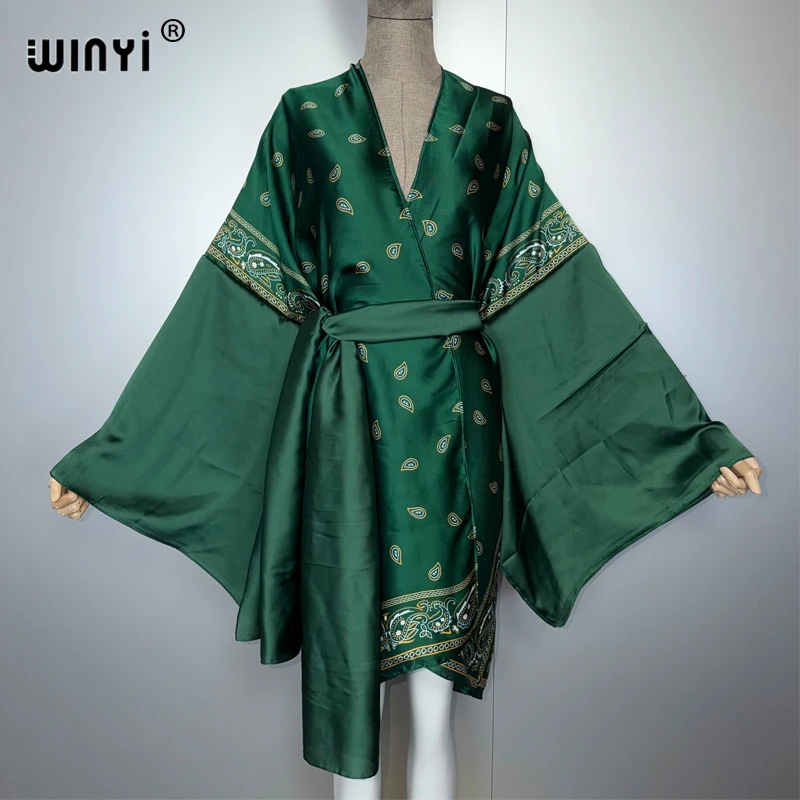 WINYI mode kimono tenues de plage femmes maillot de bain couvrir Cardigan point auto ceinture vacances à manches longues manteau vacances caftan
