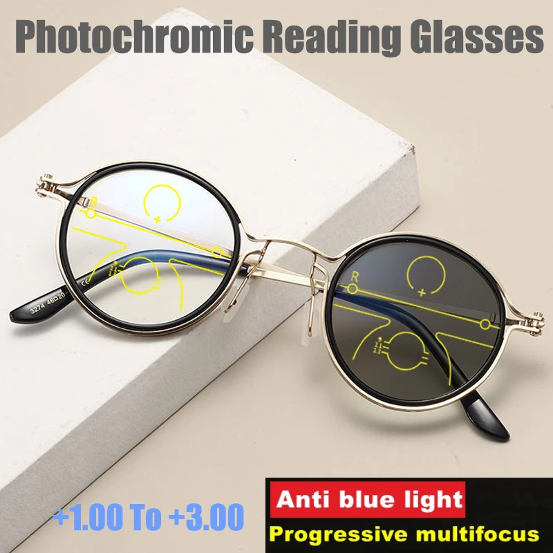 

Automatic Photochromic Multifocal Reading Glasses Near-far dual-purpose Progressive Round-Frame Eyewear Anti-Blue Light Goggles