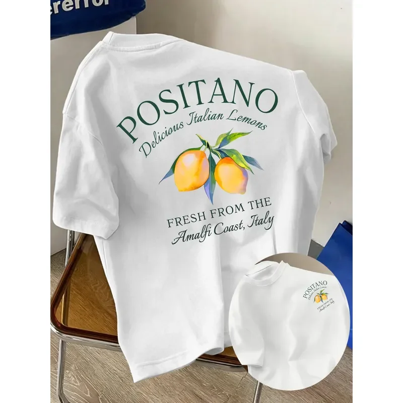 Summer Mediterranean Vacation Men Cotton T-Shirt Retro Positano Italian Lemon Graphic Back Print Loose Beach Casual Short