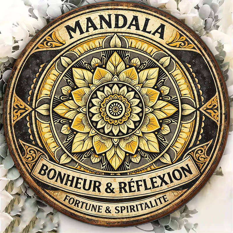 2D Flat Round Sign, Vintage Mandala Plaque, Happiness and Reflection Decorative Sign, Suitable Yoga Room Decoration or as a Gift