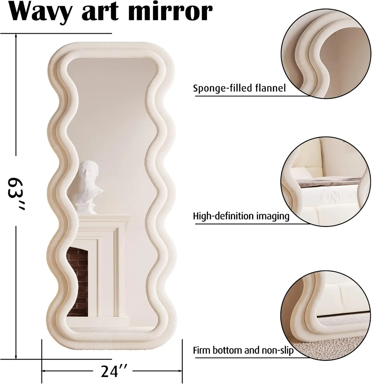 Miroir pleine longueur 63 "x 24", miroir ondulé irrégulier, miroir de sol arqué, miroir mural sur pied