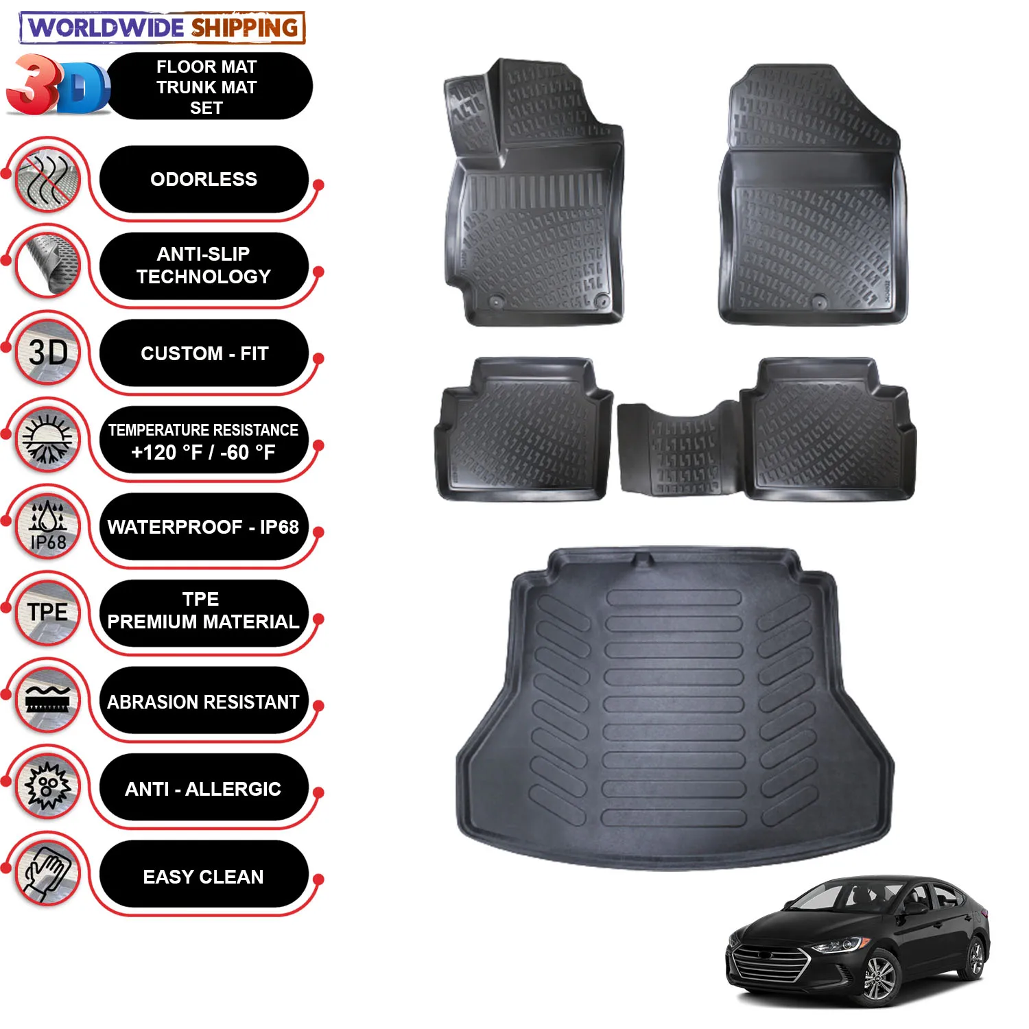 Hyundai Elantra - (2015-2020) - Floor Mats + Cargo Trunk Liner - SET - (Black)