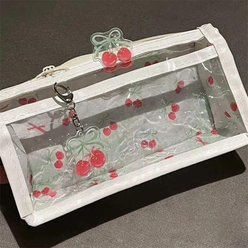

Sweet Cherry Transparent Pencil Case Large Capacity Student Stationery Zipper Pen Bag School Supplies Makeup Storage Bag