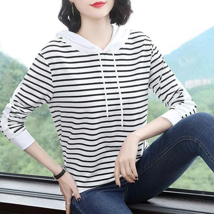 Special Dress Loose Sleeved T-shirt Size Stripe Hooded Oversize Summer Top Camisetas Tops Women T-shirts Clothing