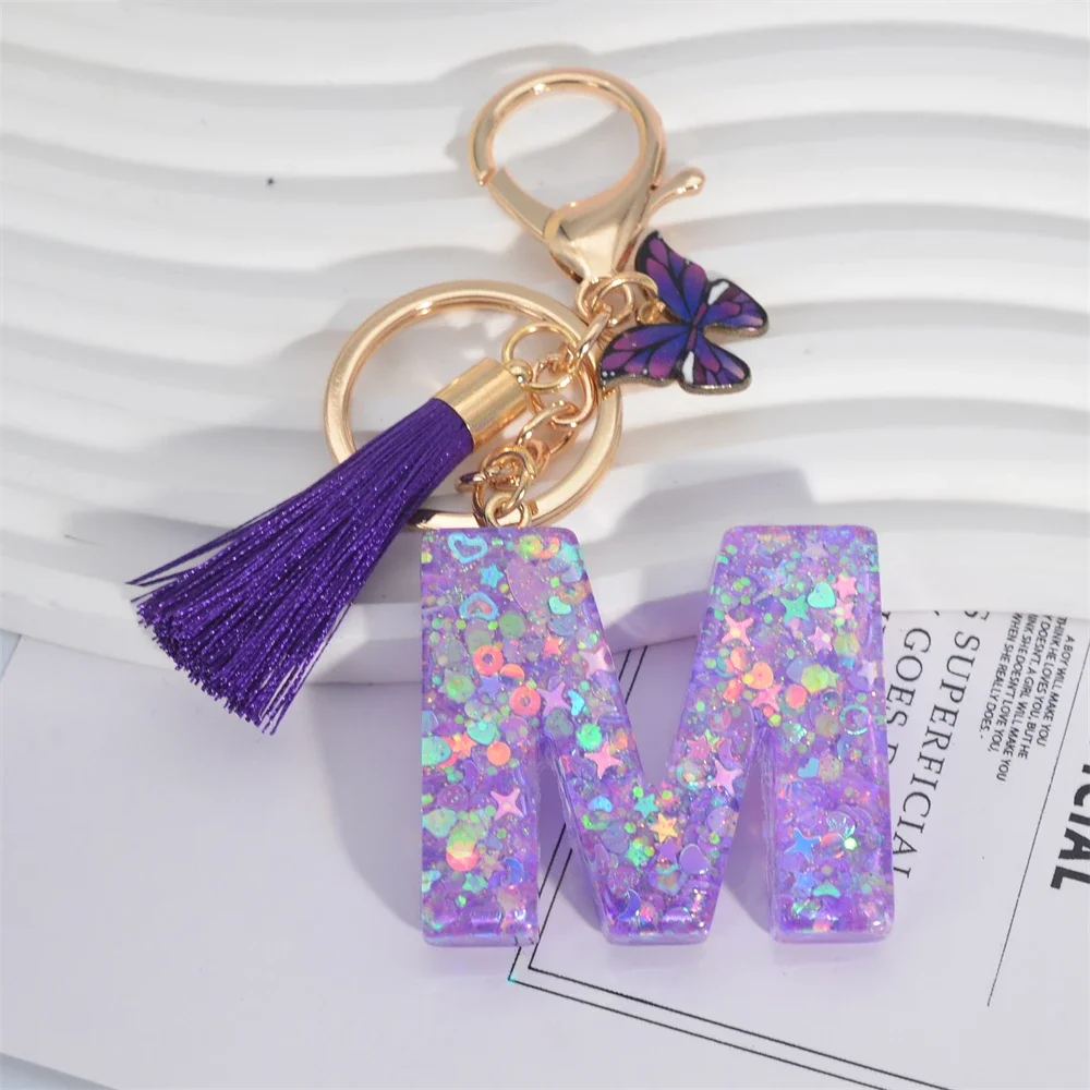A-Z Shiny Sequin Letter Keychain Resin Couple Initial Purple Stars Filled Pendant Keyrings Handbag Car Key Charm Accessories