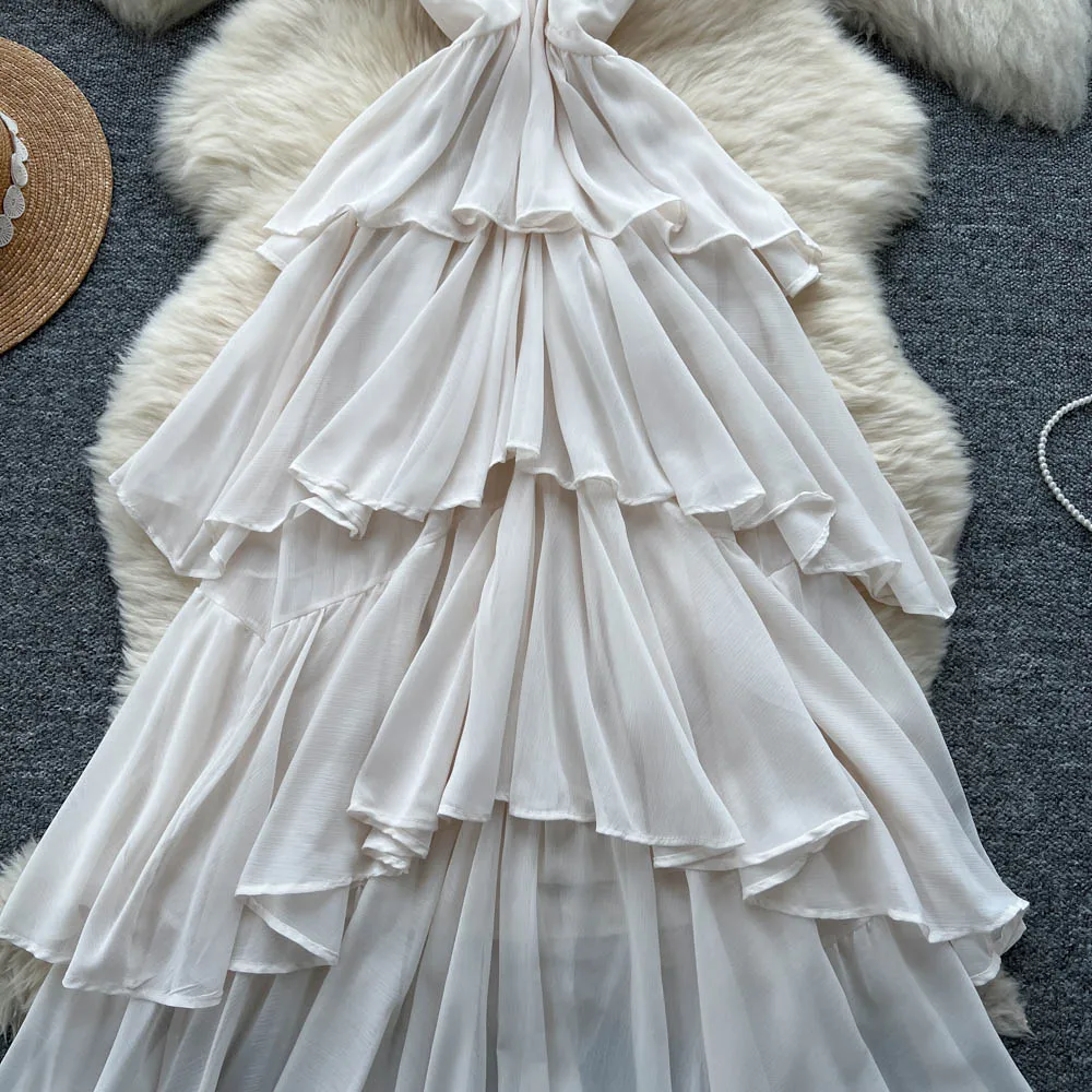 Chique vintage sem mangas em camadas sólido fino elegante fada coreano moda boho vestido de verão roupas femininas