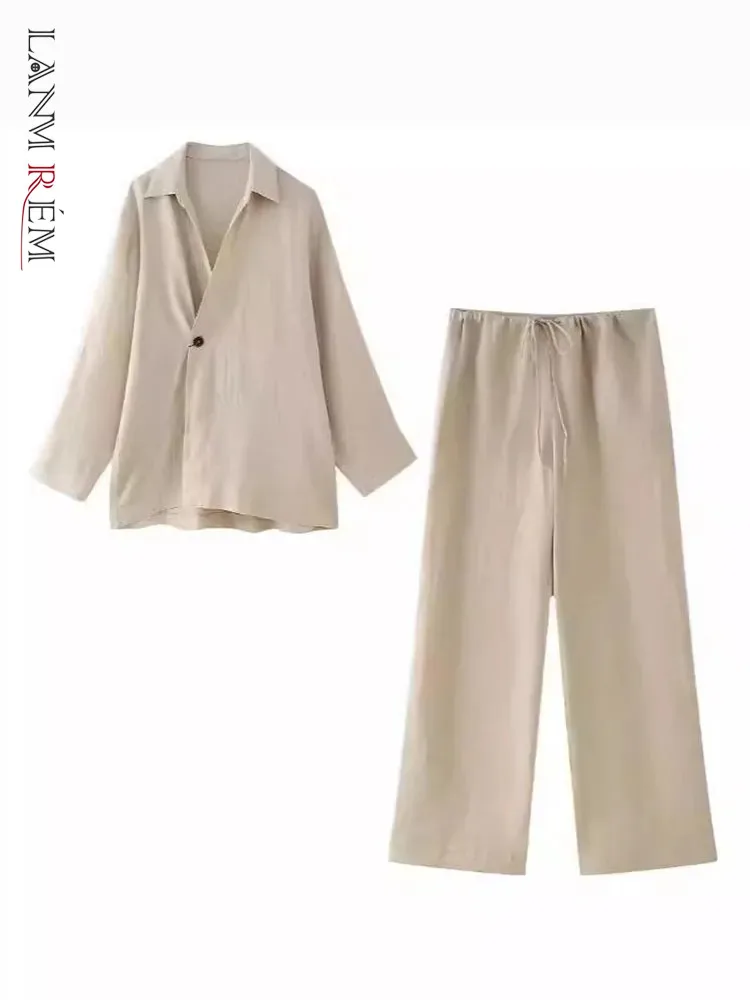 LANMREM Fashion Solid Color Linen Set Women Solid Color V Neck Single Button Shirt Wide Leg Trousers Casual 2024 New 32C1414