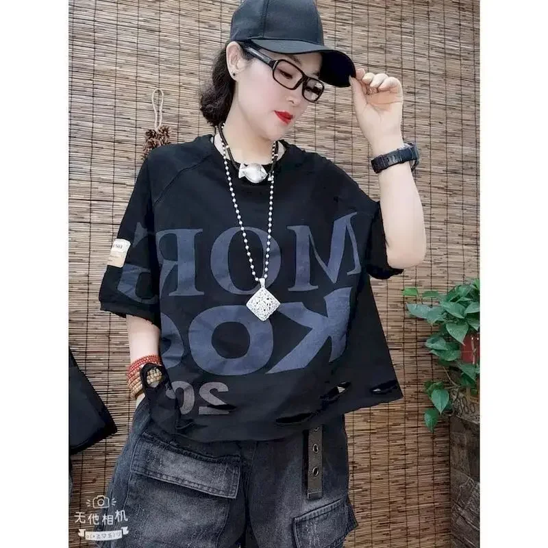 Women's T Shirt Literature And Art Retro T Shirt 2024 Summer New Loose Large Letters Hole Round Neck Short-sleeved T-shirt Women