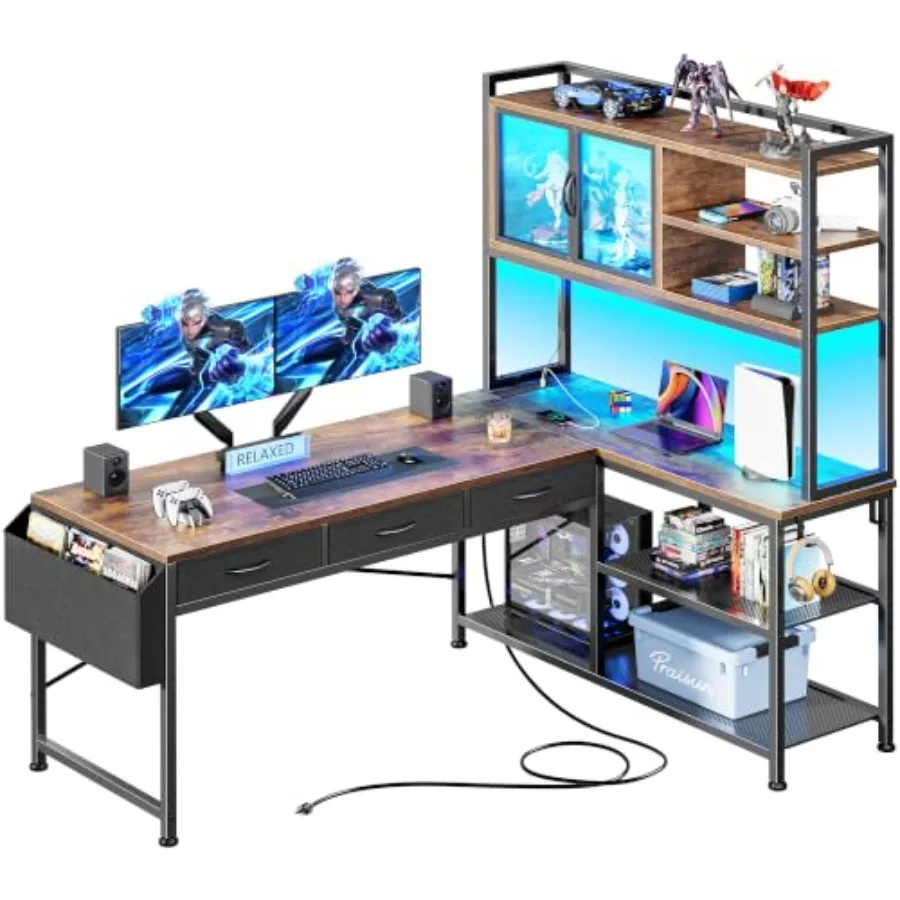 57.5 Inch L Shaped Gaming Desk with Power Outlets and LED Lights